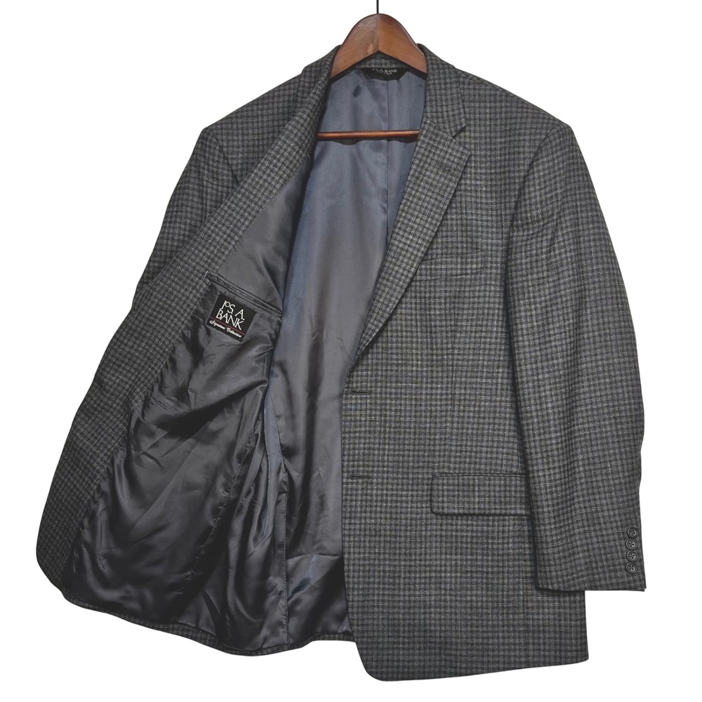 Jos A Bank Sport Coat Blazer Men 42 R Gray Blue Wool Check Two Button Academia